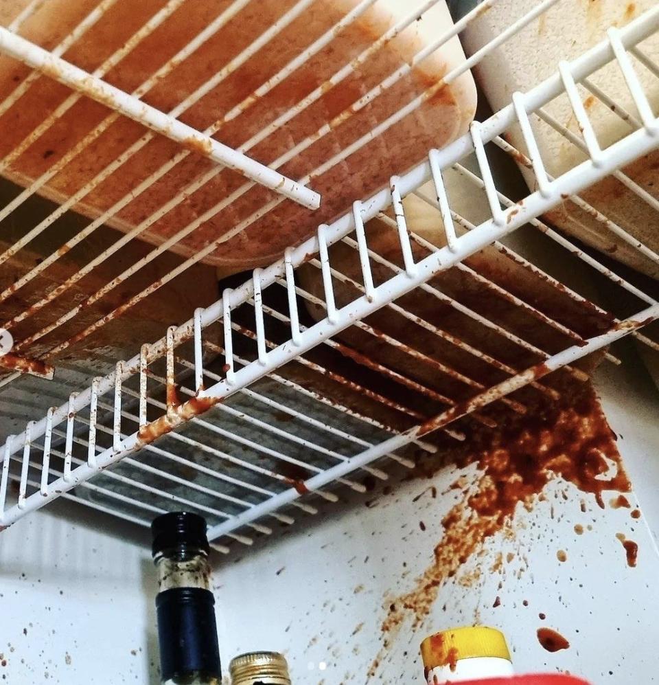 photo of tomato sauce splattered all over the fridge