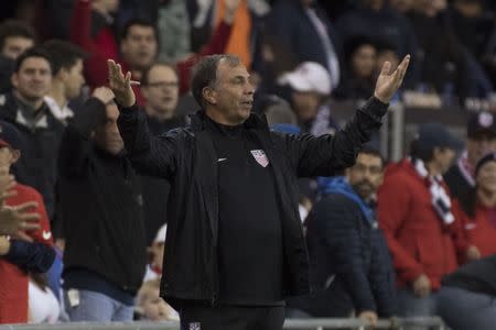 March 24, 2017; San Jose, CA, USA; United States head coach Bruce Arena reacts against the Honduras during the first half of the Men's World Cup Soccer Qualifier at Avaya Stadium. Mandatory Credit: Kyle Terada-USA TODAY Sports