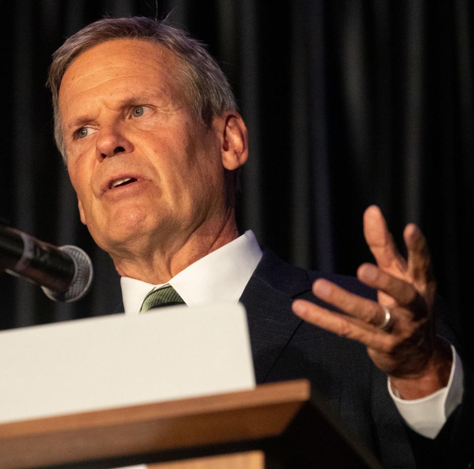 Tennessee Gov. Bill Lee speaks at the 2022 MMBC Continuum Economic Development Forum on Wednesday, Aug. 24, 2022, at the Renasant Convention Center in Memphis.