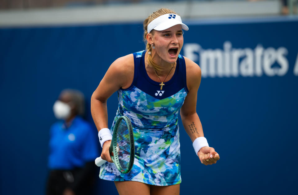 Dayana Yastremska celebrates.