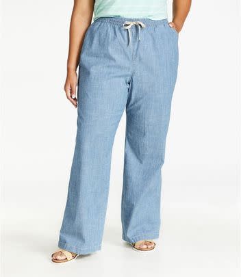 A pair of chambray pants with an elastic waist