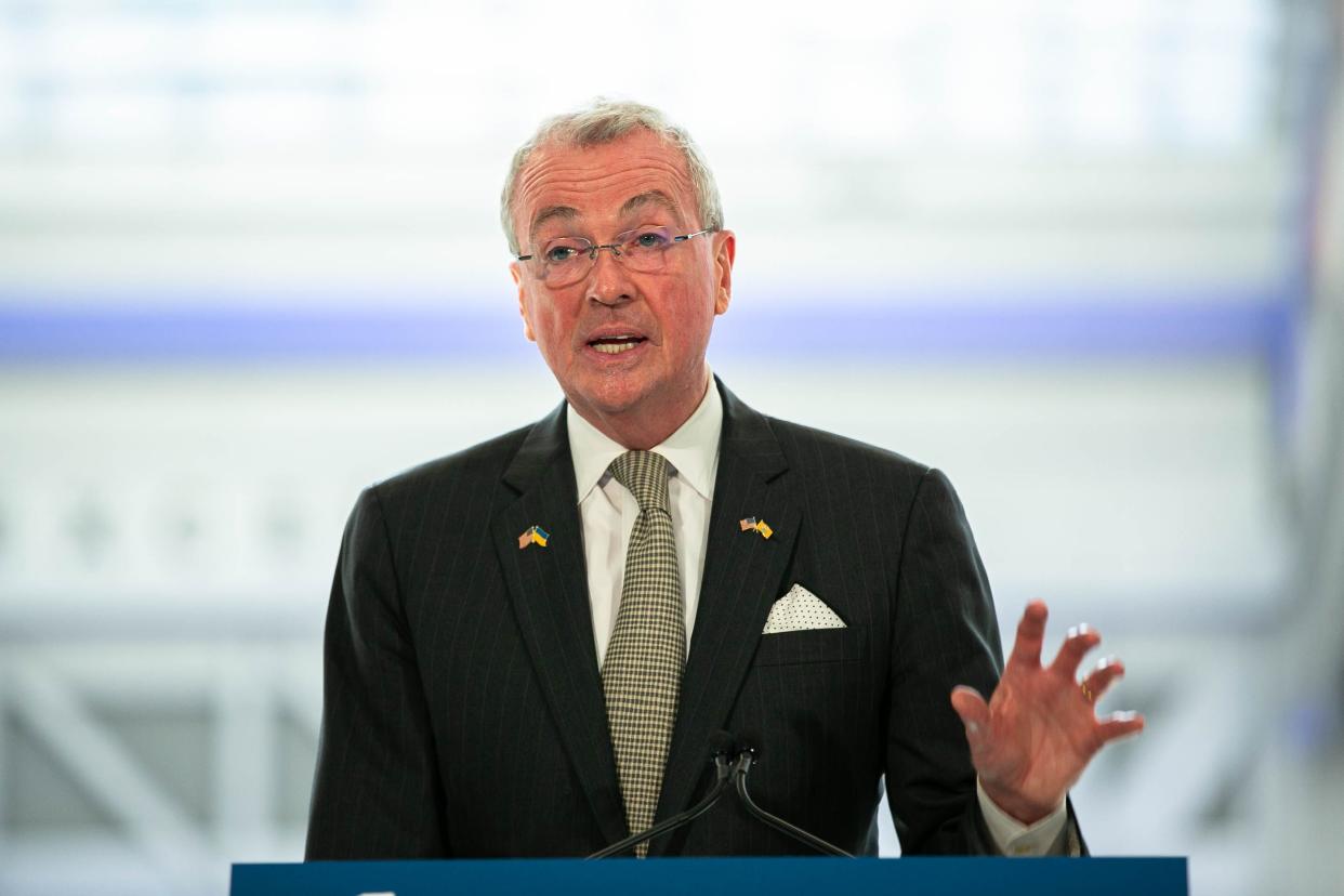 New Jersey Gov. Phil Murphy speaks at a press conference announcing the expansion of Penn Station at the Moynihan Train Hall in Manhattan, New York, on Thursday, June 9, 2022. 