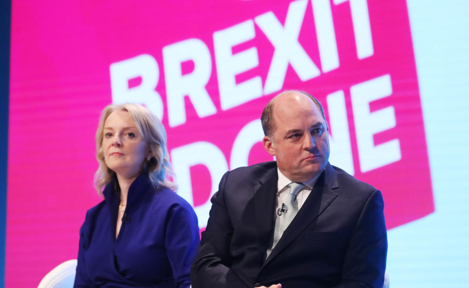 (left to right) International Trade Secretary Liz Truss and Defence Secretary Ben Wallace during the "Builiding a Safe and Prosperous Britain" session on day one of the Conservative Party Conference being held at the Manchester Convention Centre. Picture dated: Sunday September 29, 2019. Photo credit should read: Isabel Infantes / EMPICS Entertainment.