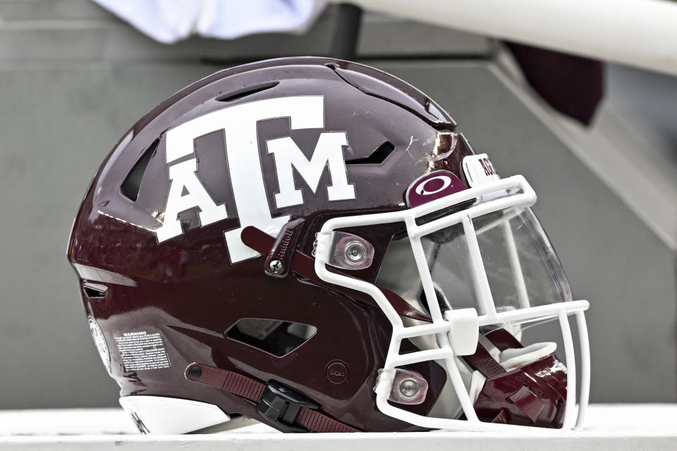 Sept. 3, 2022; College Station, Texas; Texas A&M Aggies helmet on the sideline during the second half against the Sam Houston State Bearkats at Kyle Field. Maria Lysaker-USA TODAY Sports