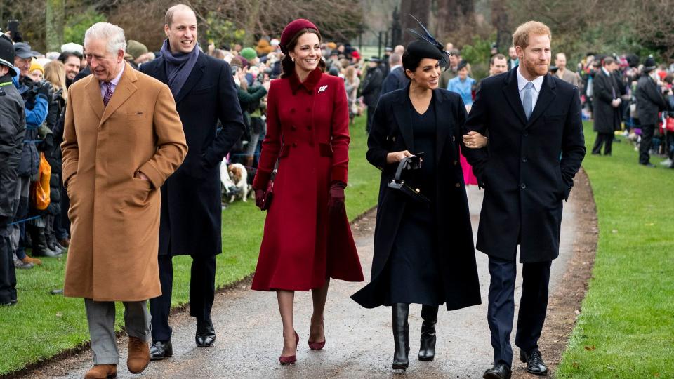 King Charles, Prince William, Duke of Cambridge, and Catherine, Duchess of Cambridge, Prince Harry, Duke of Sussex and Meghan, Duchess of Sussex attend Christmas Day Church service in 2018