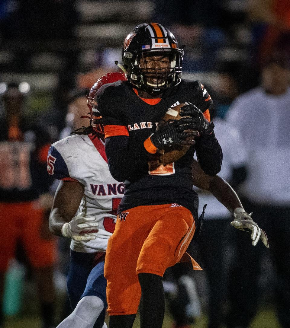 Lake Wales (2) Carlos Mitchell makes a catch over Vanguard (5) Fred Gaskin during first half action In Lake Wales Fl Friday November 18,2022.
Ernst Peters/The Ledger