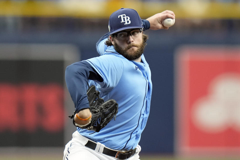 Tampa Bay Rays relief pitcher Josh Fleming delivers to the Los Angeles Dodgers during the first inning of a baseball game Sunday, May 28, 2023, in St. Petersburg, Fla. (AP Photo/Chris O'Meara)