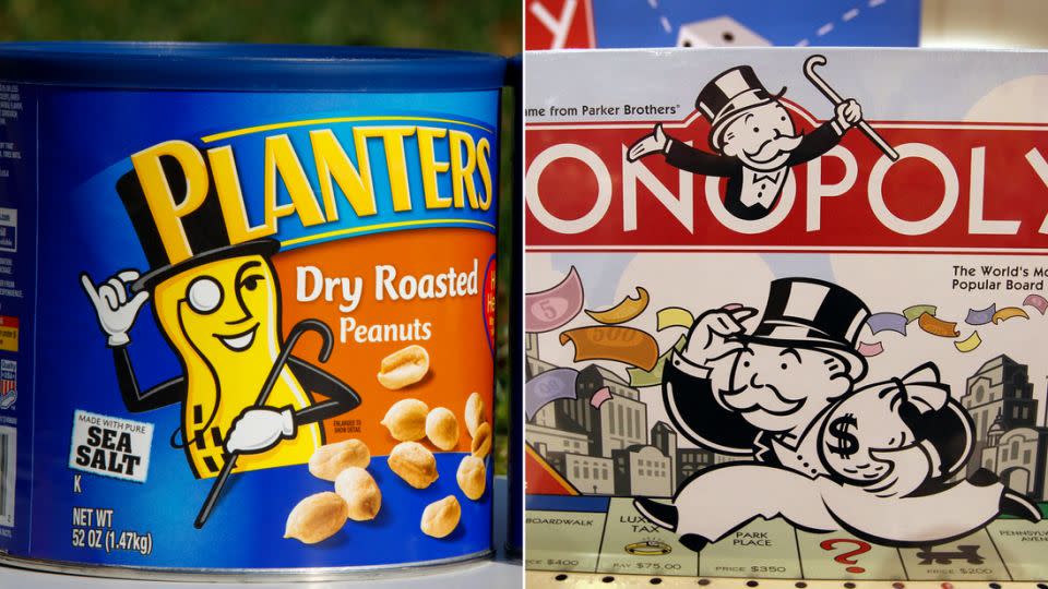 Many people think Mr. Monopoly (right) wears a monocle. However, they may be confusing his appearance with that of Mr. Peanut, who shares a similar sartorial style. - Jon Elswick/AP; Scott Olson/Getty Images