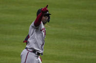 Atlanta Braves' Jorge Soler celebrates a three-run home run during the third inning in Game 6 of baseball's World Series between the Houston Astros and the Atlanta Braves Tuesday, Nov. 2, 2021, in Houston. (AP Photo/Ashley Landis)