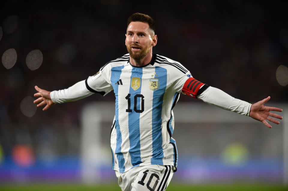 Lionel Messi celebrates after scoring a goal against Ecuador during a 2026 World Cup qualifying match at Monumental stadium in Buenos Aires, Argentina.