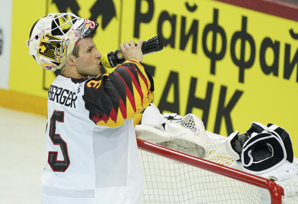 Mathias Niederberger of Germany during the Ice Hockey World Championship quaterfinal match between Switzerland and Germany at the Olympic Sports Center in Riga, Latvia, Thursday, June 3, 2021. (AP Photo/Oksana Dzadan)