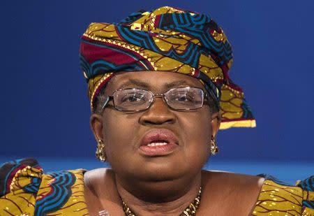 Nigerian Finance Minister Ngozi Okonjo-Iweala takes part in a discussion on "Challengers of Job-Rich and Inclusive Growth: Growth and Reform Challenges" during the World Bank/IMF Annual Meeting in Washington in this October 8, 2014 file photo. REUTERS/Joshua Roberts/Files