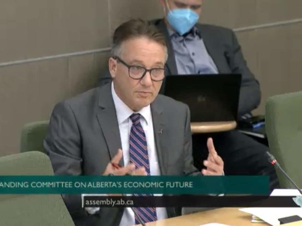 Independent MLA Drew Barnes gestures while speaking during the meeting of the standing committee on Alberta's economic future Wednesday evening.  (Legislative Assembly of Alberta  - image credit)