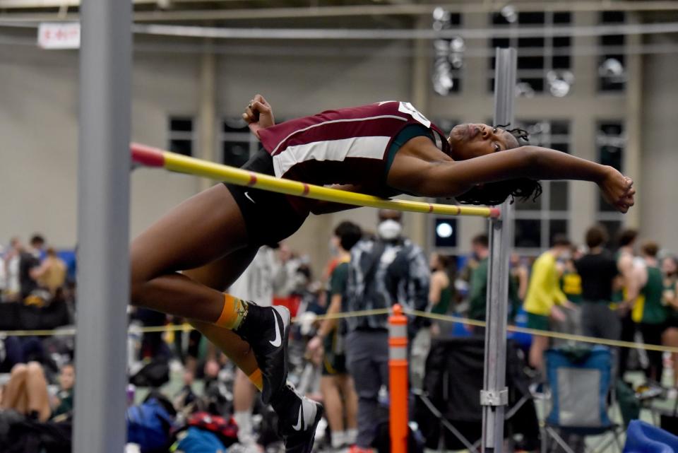 The Morris County Track & Field Championships are held at Drew University on January 18, 2022. Jordan Robinson of Morristown places second in the high jump.