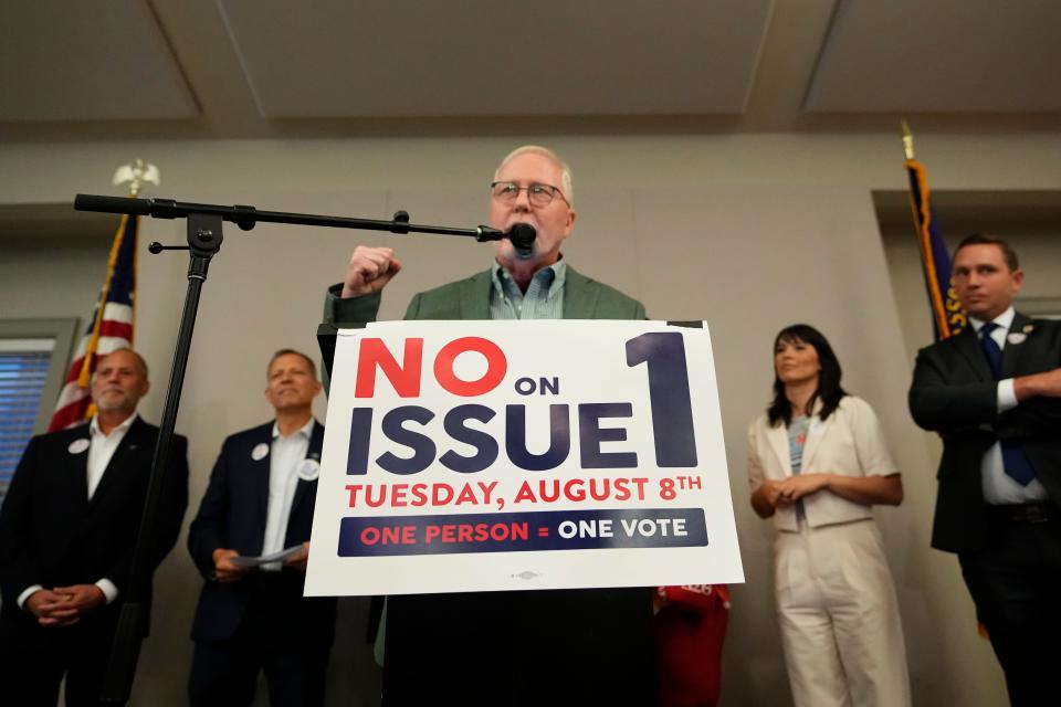 Aug 8, 2023; Columbus, Ohio, USA;  Dennis Willard ofOne Person One Vote speaks about the defeat of Issue 1 during an election night party at the Columbus Fire Fighters Local 67. 