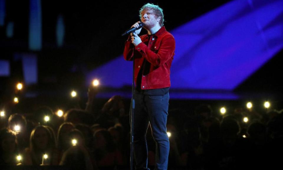 Ed Sheeran performs at the Brit awards.