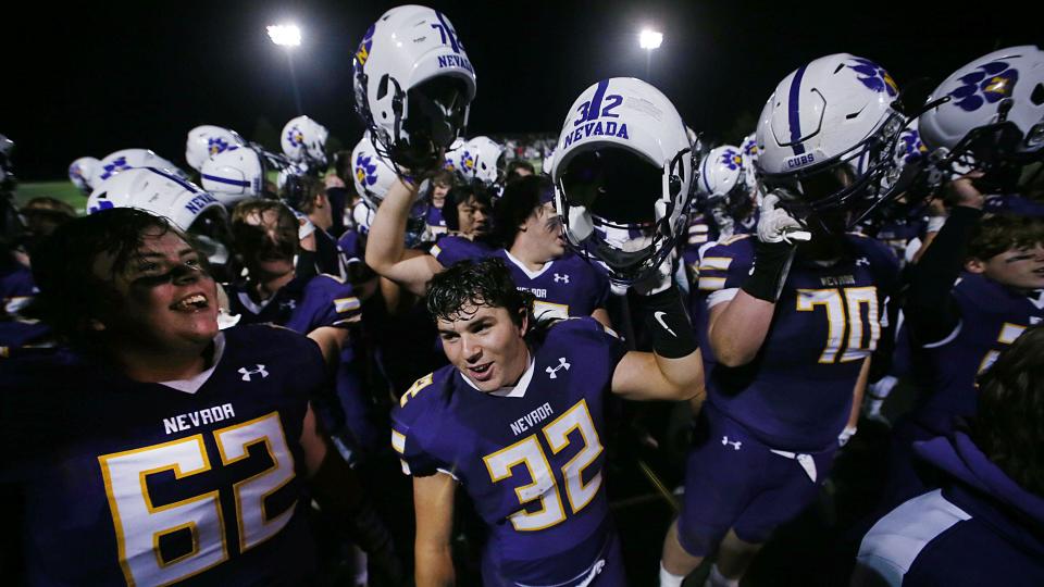 The Nevada football team celebrates after defeating Harlan, 39-20. They've got a big-time battle against Creston this week