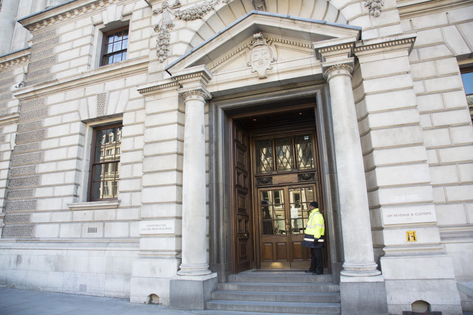 HM Revenue and Customs on Whitehall in London, England, United Kingdom. HM Revenue & Customs also known as HMRC is in charge of all elelments of tax and taxation as well as administering corporation tax, excise duties, national minimum wage enforcement, recovery of student loans, child benefit etc. (photo by Mike Kemp/In Pictures via Getty Images Images)