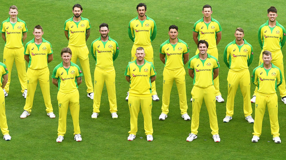 Australian players, pictured here posing for a team photo ahead of their T20 series against England.
