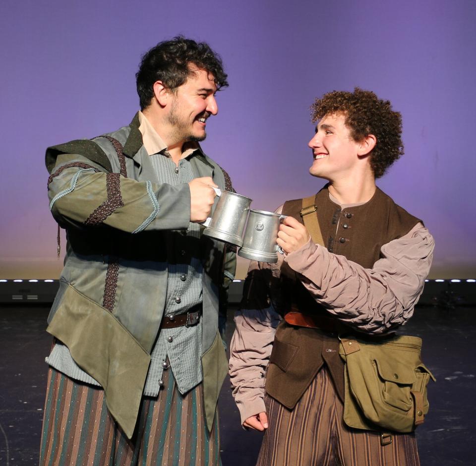 Alex Zickafoose, left, and Dylan Savaadra star as playwrighting brothers trying to compete with the popularity of William Shakespeare in the musical comedy "Something Rotten" at the Manatee Performing Arts Center.