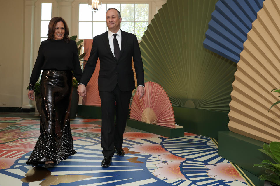 US Vice President Kamala Harris and Second Gentleman Doug Emhoff arrive at the White House for a state dinner on April 10, 2024 in Washington, DC. U.S. 