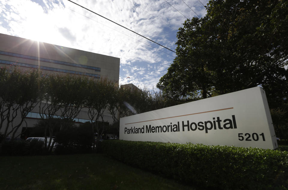 This Thursday, Nov. 7, 2013 photo shows the front of the Parkland Memorial Hospital in Dallas. When a new Parkland hospital opens in the spring of 2015, the lobby will feature a timeline of events from the hospital’s history, including Nov. 22, 1963. (AP Photo/LM Otero)