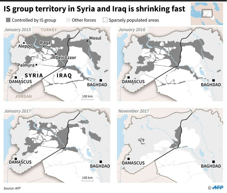 Maps of Syria and Iraq showing loss of territory by Islamic State (IS)group since January 2015