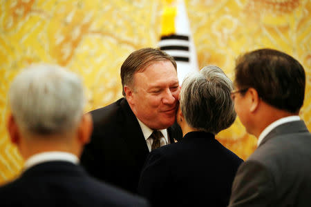 U.S. Secretary of State Mike Pompeo meets with South Korean Foreign Minister Kang Kyung-wha before meeting with South Korean President Moon Jae-in at the presidential Blue House in Seoul, South Korea, October 7, 2018. REUTERS/Kim Hong-Ji/Pool