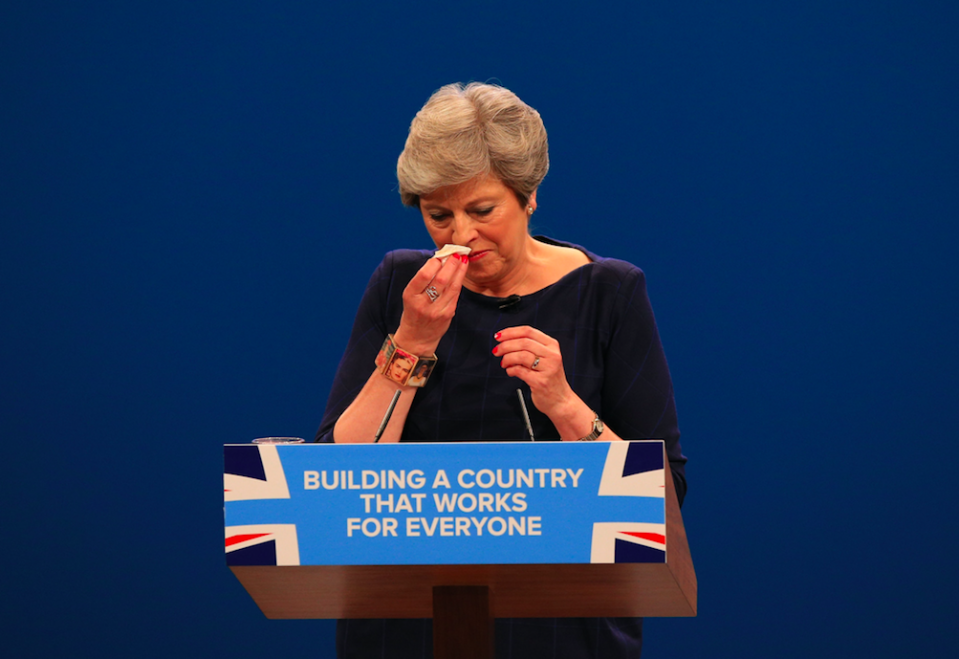 <em>Theresa May lost her voice during her Tory conference speech (PA)</em>