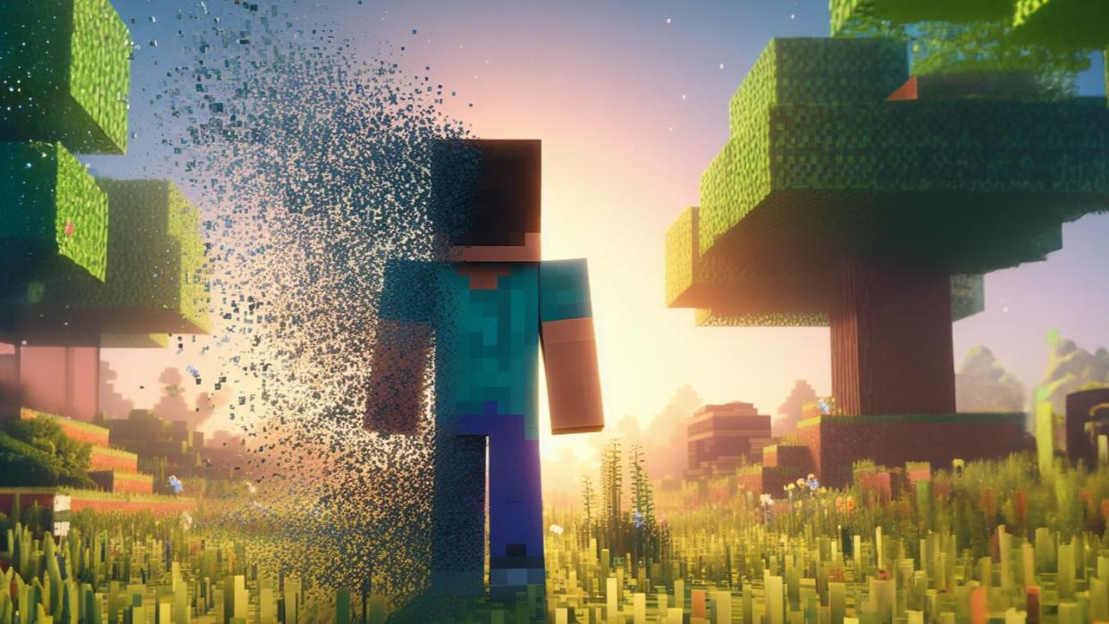  Minecraft character looks out at their built world while fading away. 