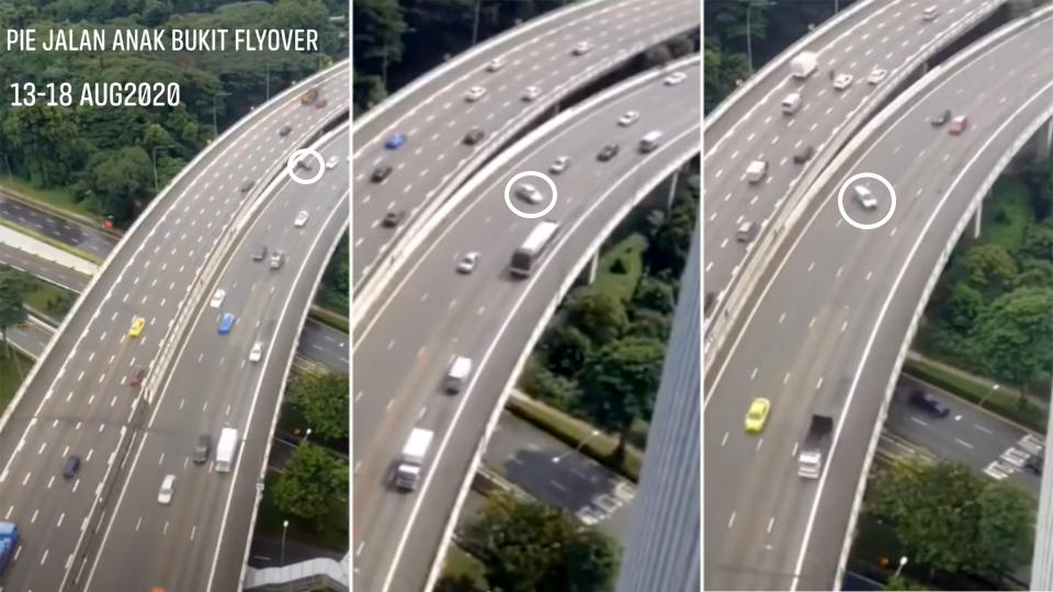 Screengrabs from the video showing cars skidding along a stretch of the PIE at Jalan Anak Bukit.