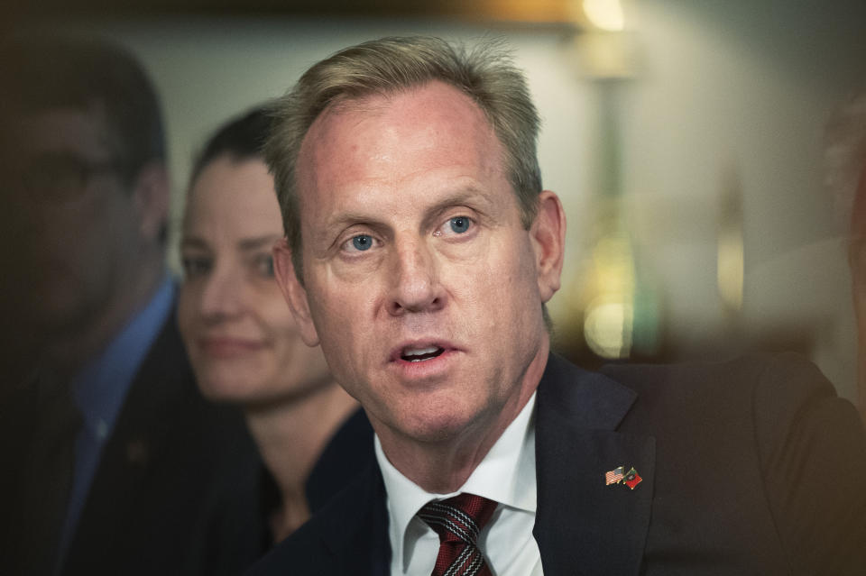 FILE - In this Feb. 14, 2019 file photo, acting Secretary of Defense Patrick Shanahan speaks about the situation in the Persian Gulf region during a meeting with Portuguese Minister of National Defense Joao Cravinho, at the Pentagon. President Donald Trump has placed acting officials in key posts in significantly higher numbers than his recent predecessors. The practice lets him quickly, if temporarily, install allies in important positions while circumventing the Senate confirmation process, which can be risky with Republicans running the chamber by a slim 53-47 margin. (AP Photo/Manuel Balce Ceneta, File)