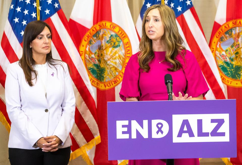 Lt. Gov. Jeanette Nuñez, left, listens as Cari Eyre, statewide dementia director for the Department of Elder Affairs, speaks on Wednesday in Ocala.