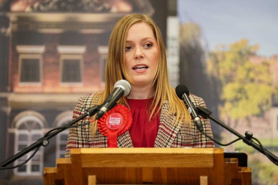 Sarah Edwards of Labour gives a victory speech after being declared the Member of Parliament for Tamworth following Thursday's by-election. (Jacob King/PA Wire)