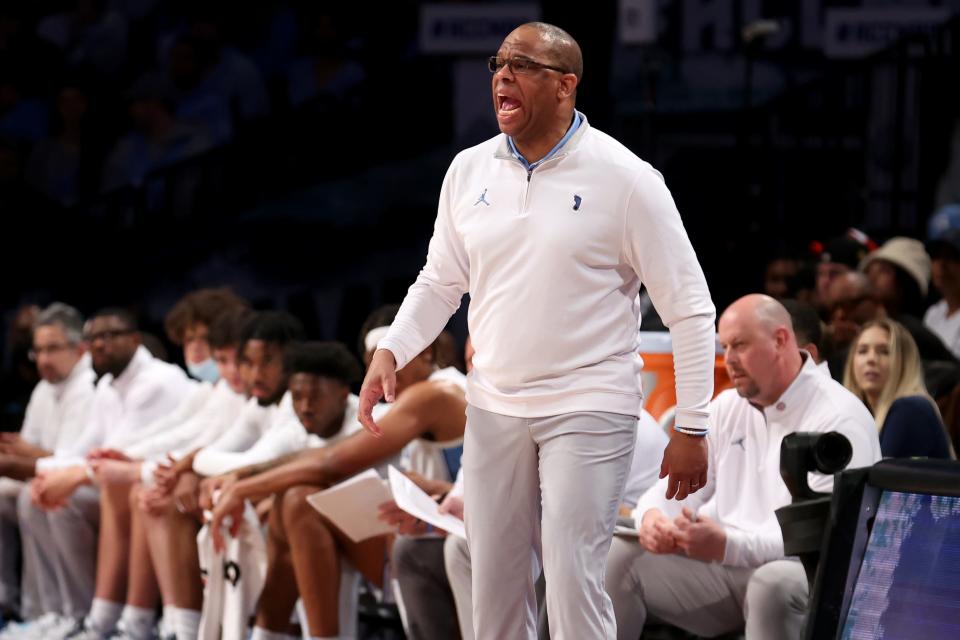 Mar 10, 2022; Brooklyn, NY, USA; North Carolina Tar Heels head coach Hubert Davis coaches against the Virginia Cavaliers during the first half at Barclays Center.