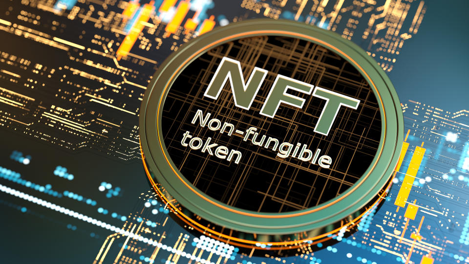 3D Token with words NFT and Non-Fungible Token against digital background