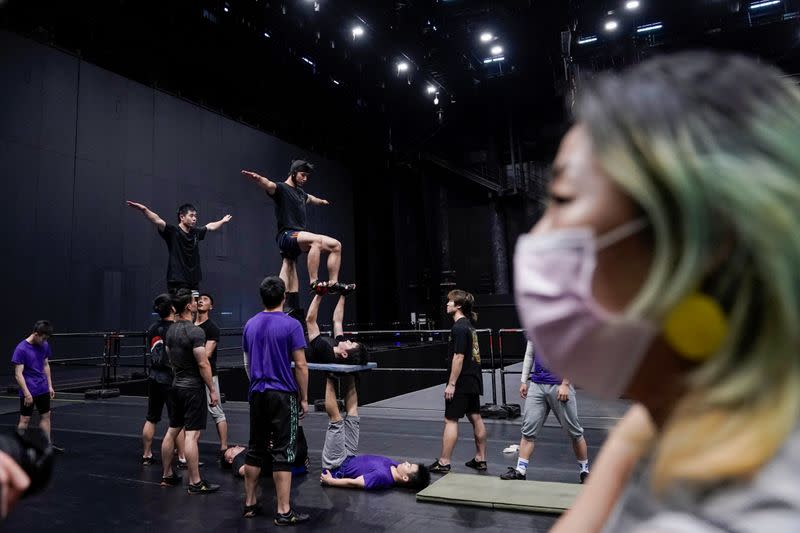 Performers train for the Cirque du Soleil "The Land of Fantasy" show in Hangzhou