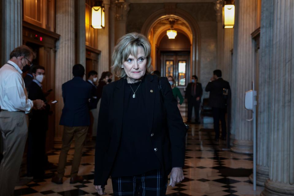 Sen. Cindy Hyde-Smith (R-Miss.) arriving at the U.S. Capitol Building in October 2021. On Wednesday, Feb. 28, she objected to the Access to Family Building Act brought by unanimous consent by Den. Tammy Duckworth.