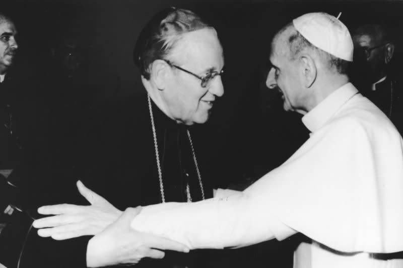 Pope Paul VI (R) embraces Cardinal John Patrick Cody of Chicago on June 20, 1977, in Vatican City. On October 4, 1965, Pope Paul VI arrived at Kennedy International Airport in New York on the first visit by a pope to the United States. UPI File Photo