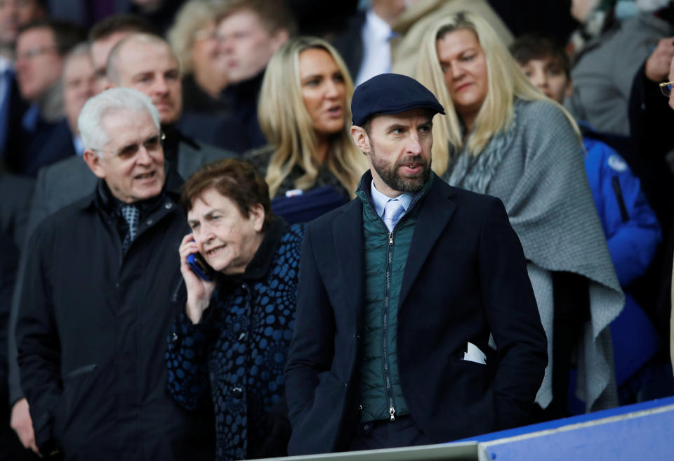 <p>England manager Gareth Southgate in the stands at Goodison Park </p>