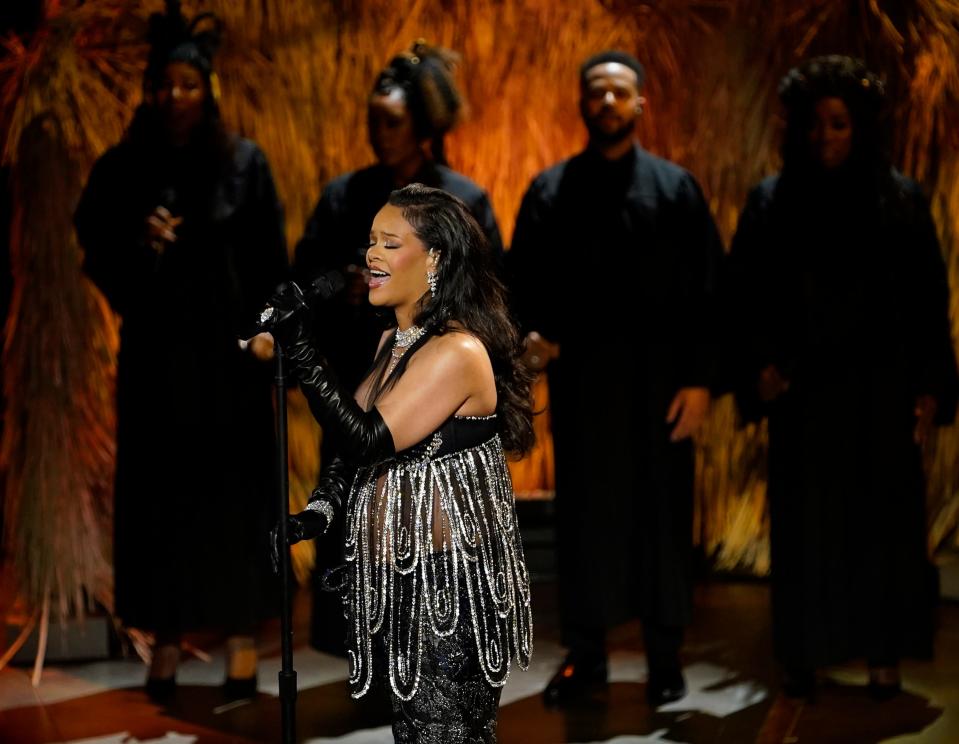 Rihanna performs the Oscar nominated original song "Lift Me Up" from "Black Panther: Wakanda Forever" during the 95th Academy Awards at the Dolby Theatre at Ovation Hollywood in Los Angeles on Sunday, March 12, 2023.