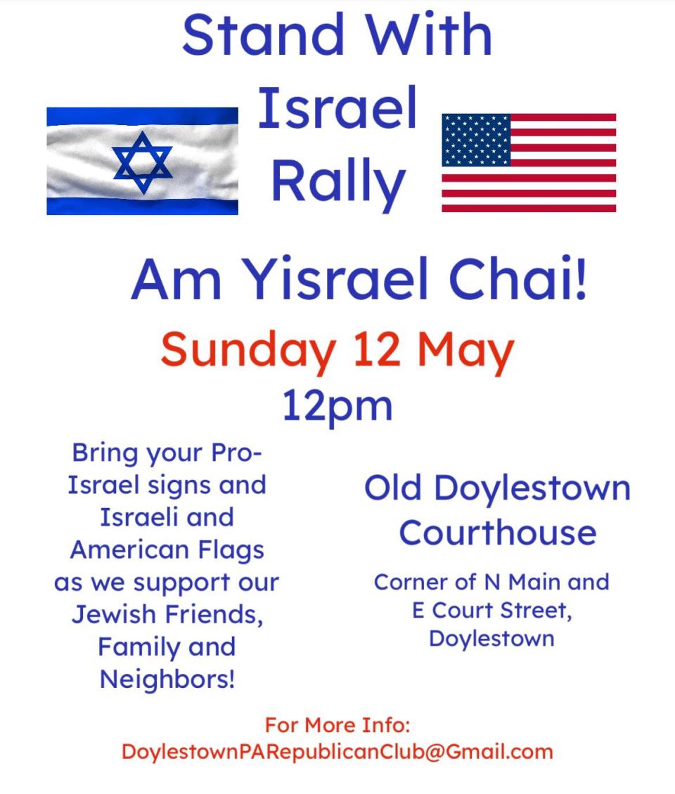 A poster advertising a pro-Israel rally in Doylestown on Sunday May 12, 2024.