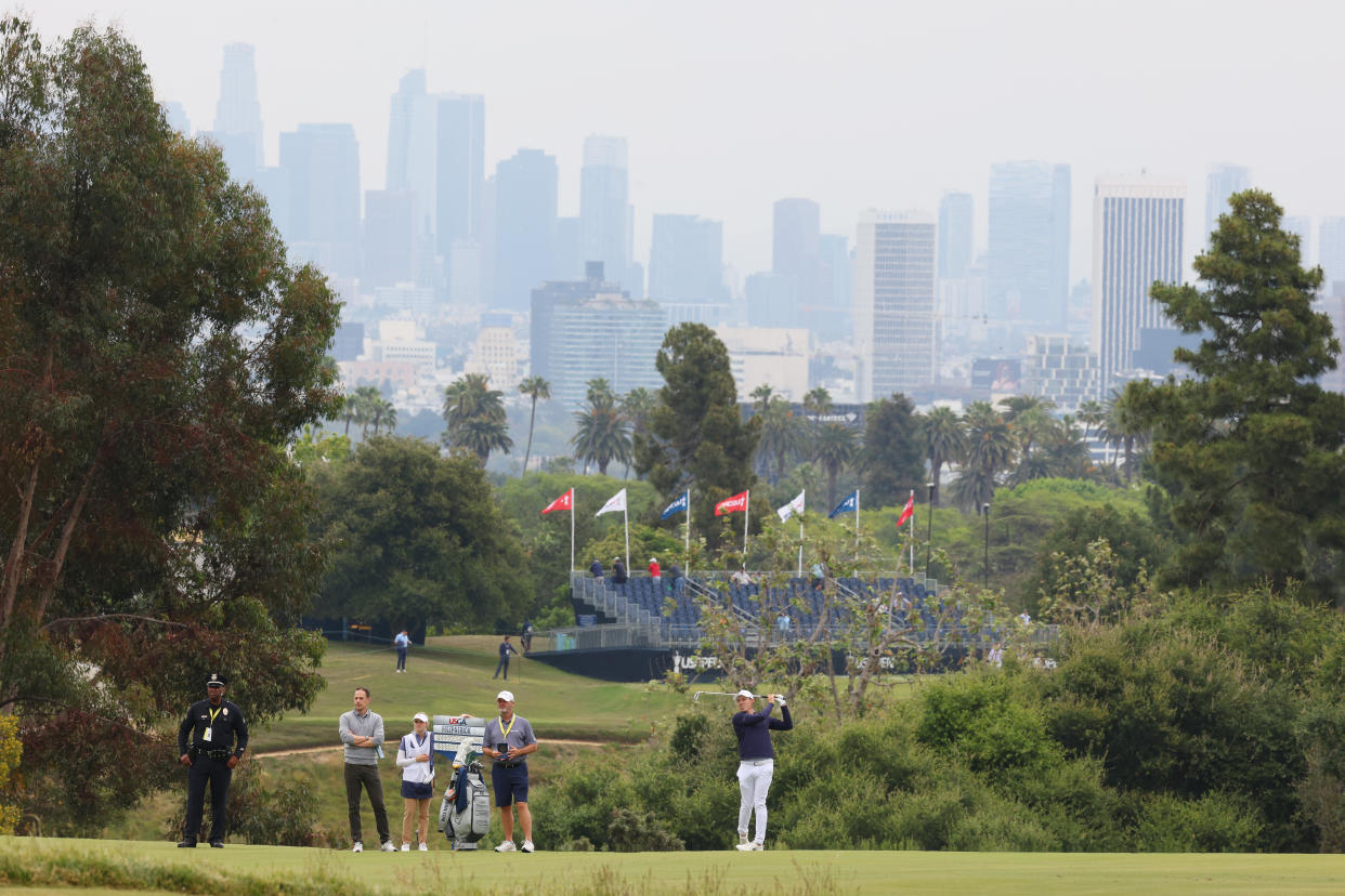 LOS ANGELES, CALIFORNIA - JUNE 13: Matt Fitzpatrick of England plays a shot during a practice round prior to the 123rd U.S. Open Championship at The Los Angeles Country Club on June 13, 2023 in Los Angeles, California. (Photo by Andrew Redington/Getty Images)