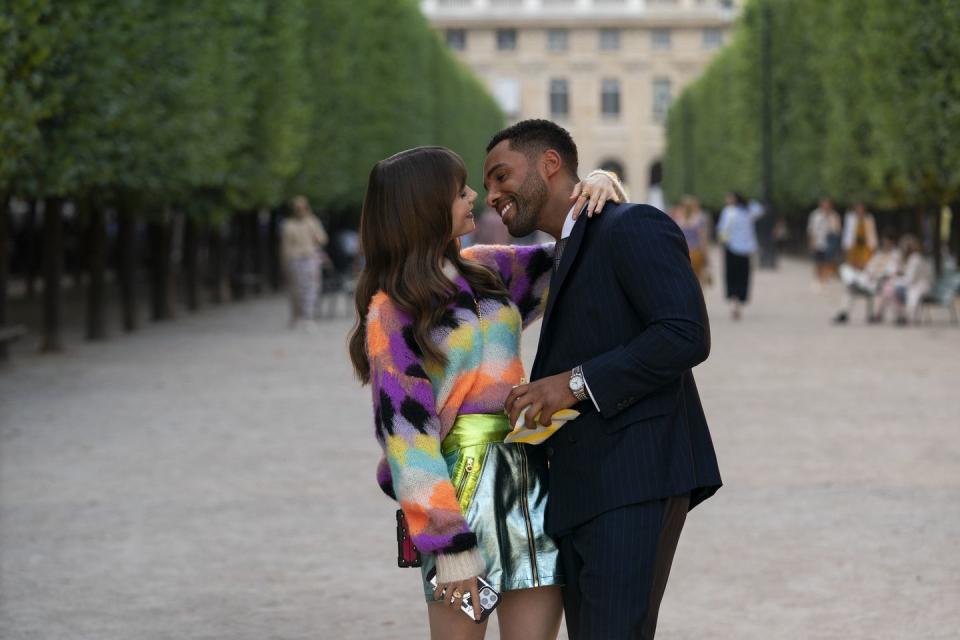 lily collins as emily, lucien laviscount as alfie in episode 301 of emily in paris