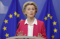 European Commission President Ursula von der Leyen gives a statement at the European Commission headquarters in Brussels, Wednesday, Sept. 23, 2020. (Stephanie Lecocq/Pool Photo via AP)