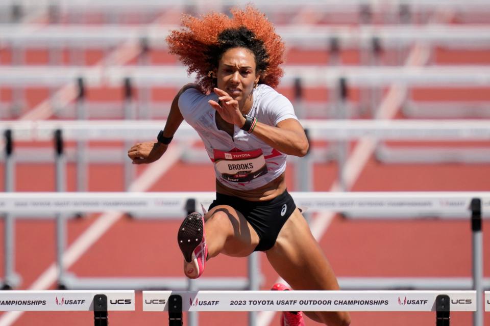 Taliyah Brooks competes for Asics in the women's 100 meter heptathlon hurdles during the 2023 USATF Outdoor Championships in Eugene, Ore., Thursday, July 6, 2023.