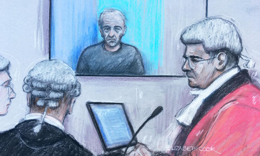 Court artist sketch of Barry Bennell appearing via videolink at Liverpool crown court.