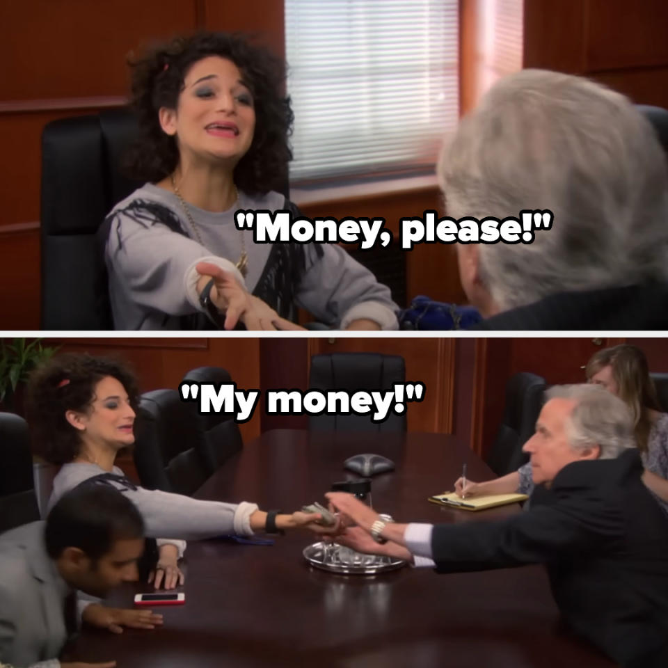 Mona-Lisa Saperstein in a meeting demanding money with a gesture, Tom Haverford reacts. Text: "Money, please!" "My money!"