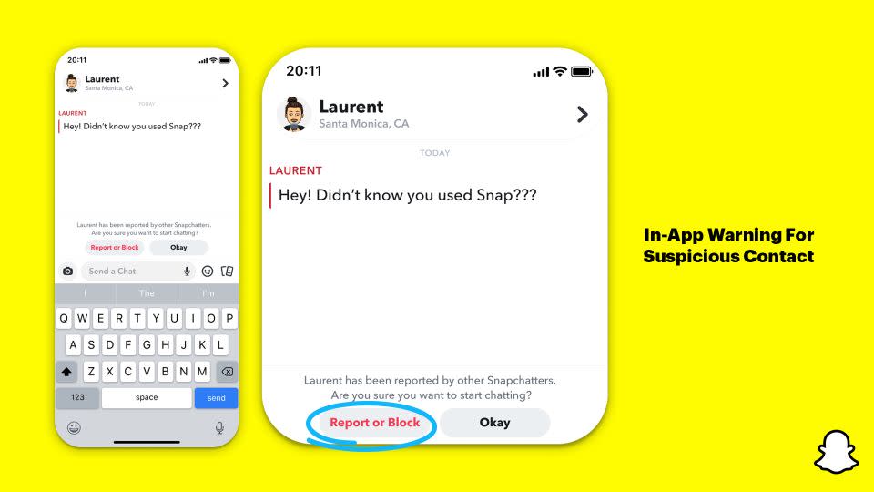 Snapchat will now send pop-up warnings to teens when they receive a chat from a user who has been reported by other users or who is based in a region where that teens' contacts are not located. - Snapchat