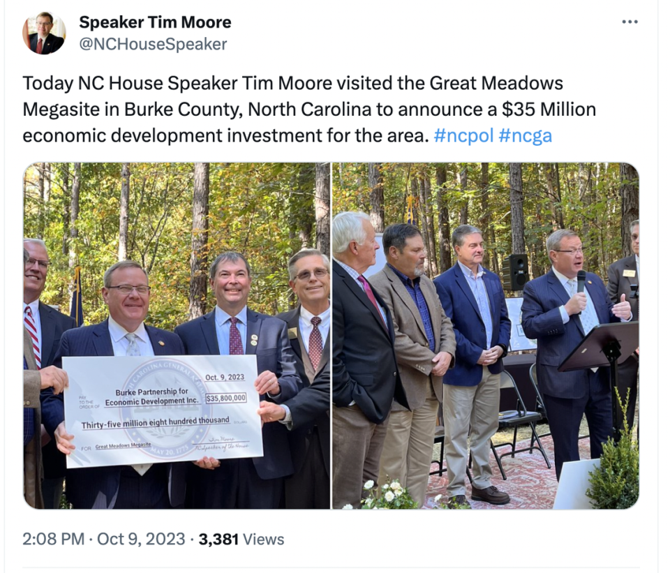 House Speaker Tim Moore in Burke County this week to announce major investment in a new megasite.